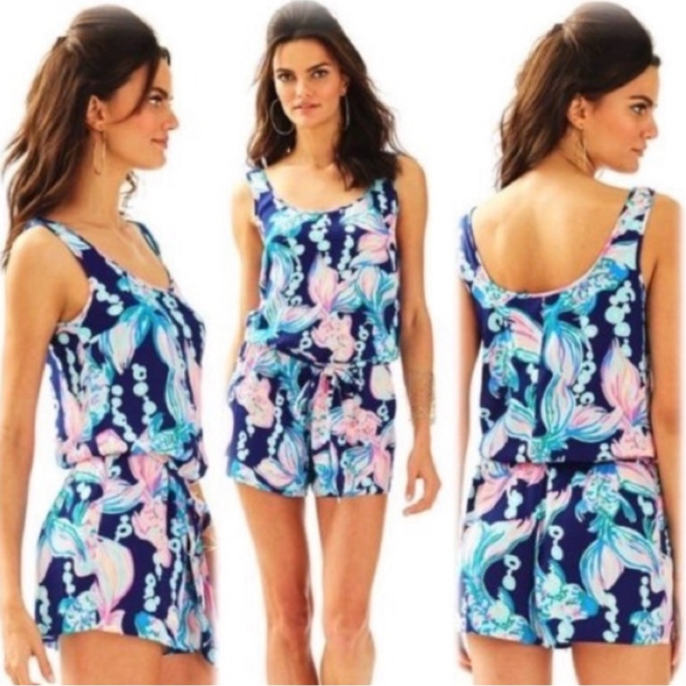 Lilly Pulitzer Blut Floral Romper with Pink & Aqua Accents